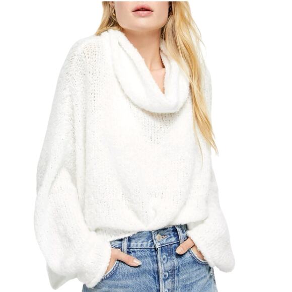 Free People Oversized Cowl Neck Sweater BFF Size M Chunky Knit White Slouchy - Picture 1 of 14